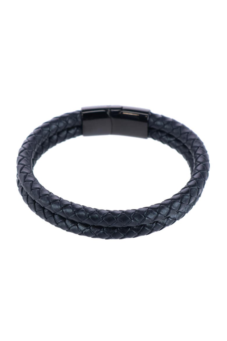 Loose Fit Simple 2 Band Braided Secure Clasp Leather Bracelet, Main, color, Black