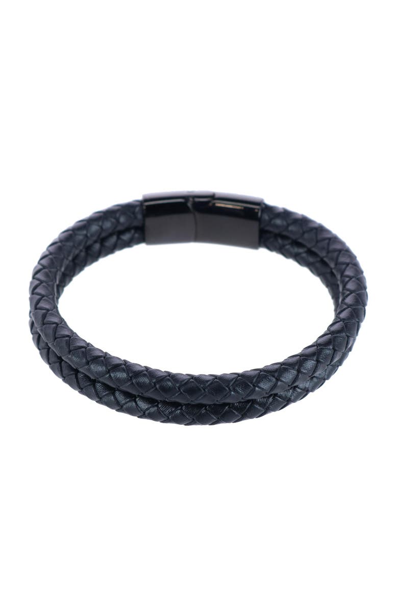 Trafalgar Loose Fit Simple 2 Band Braided Secure Clasp Leather Bracelet, Main, color, Black