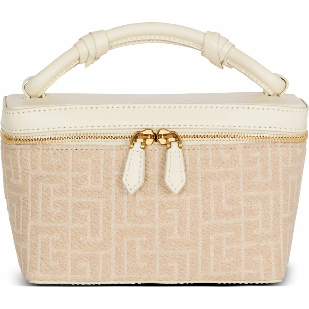 Balmain B-army Vanity Case In Monogrammed Canvas And Leather In Sand