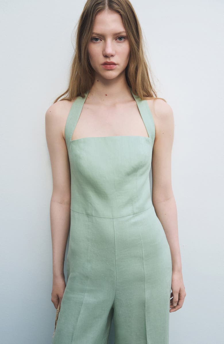 MANGO Halter Linen Jumpsuit, Alternate, color, Pastel Green