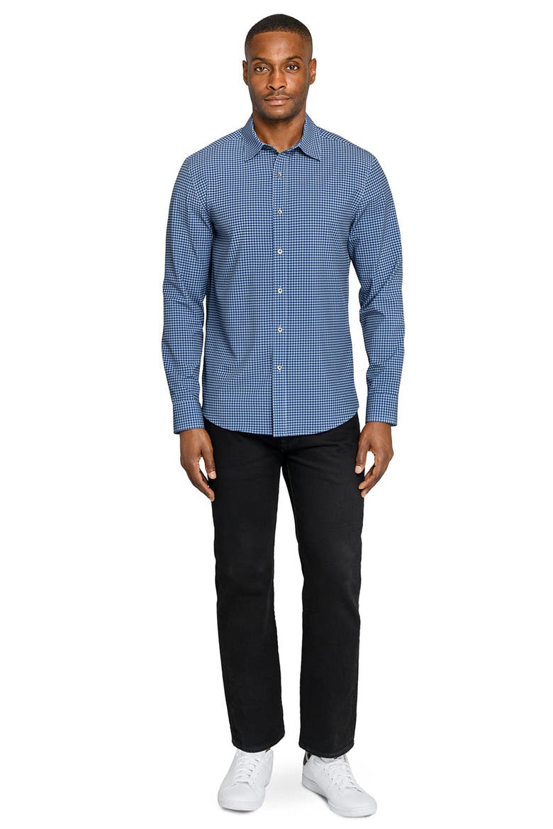 Slim Fit Faded Check Performance Button-Up Shirt, Alternate, color, NAVY