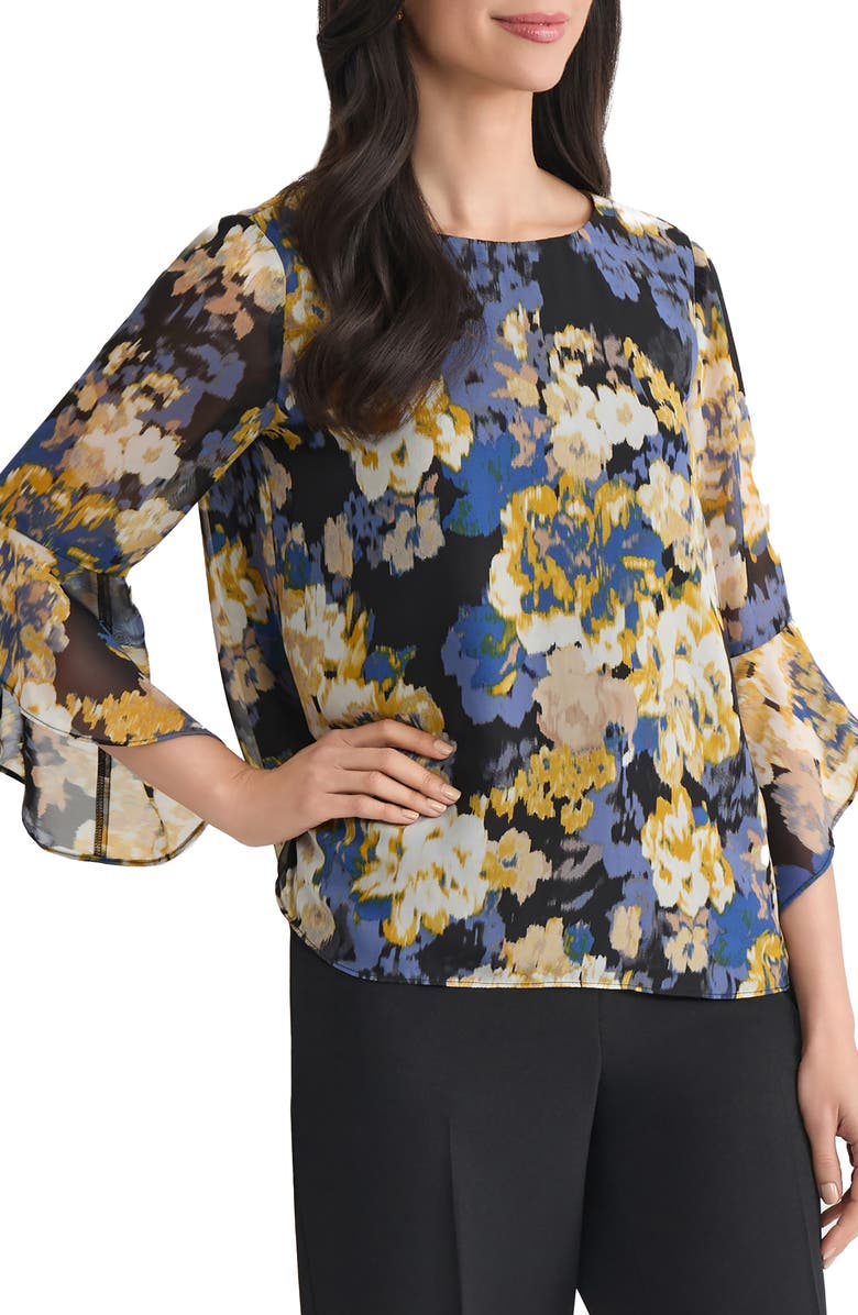 KASPER Abstract Floral Ruffle Sleeve Chiffon Top, Alternate, color, Black Multi