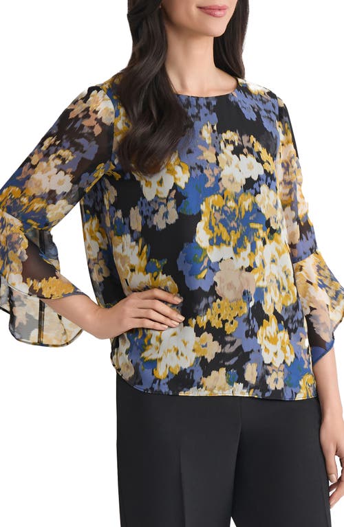 Kasper Abstract Floral Ruffle Sleeve Chiffon Top In Multi