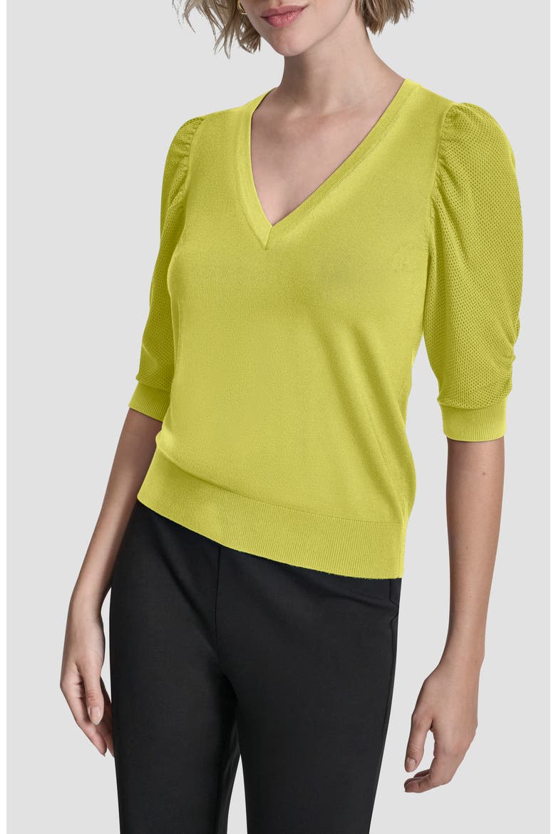 Puff Sleeve V-Neck Sweater, Main, color, LIMEADE