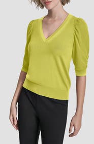 DKNY Puff Sleeve V-Neck Sweater