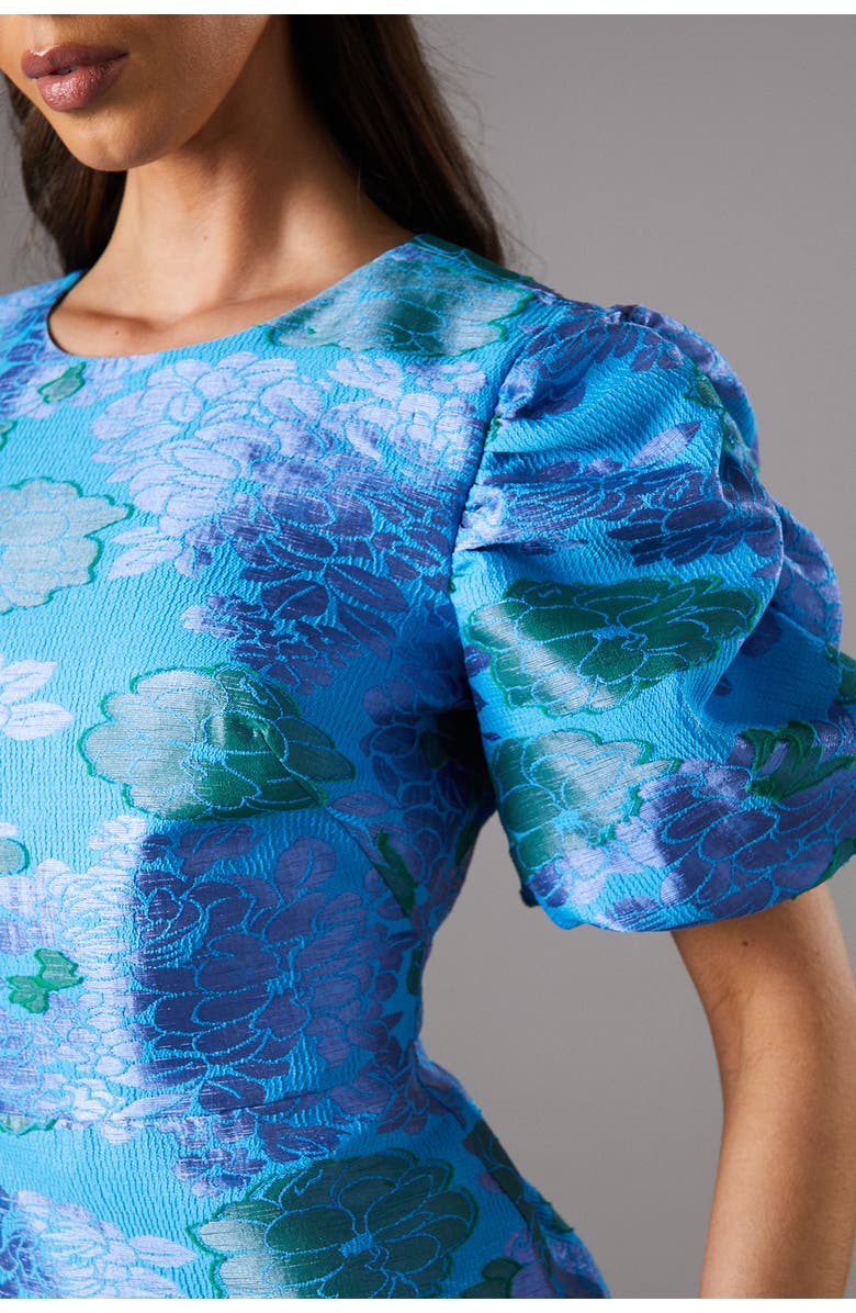 Coast Jacquard Floral Puff Sleeve Midi Dress, Alternate, color, Blue