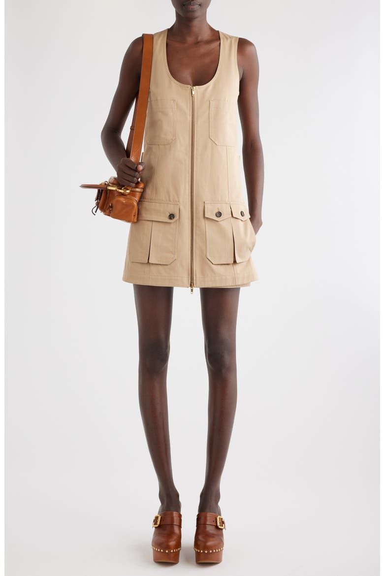 Sleeveless Cotton Gabardine Minidress, Main, color, WORN BROWN