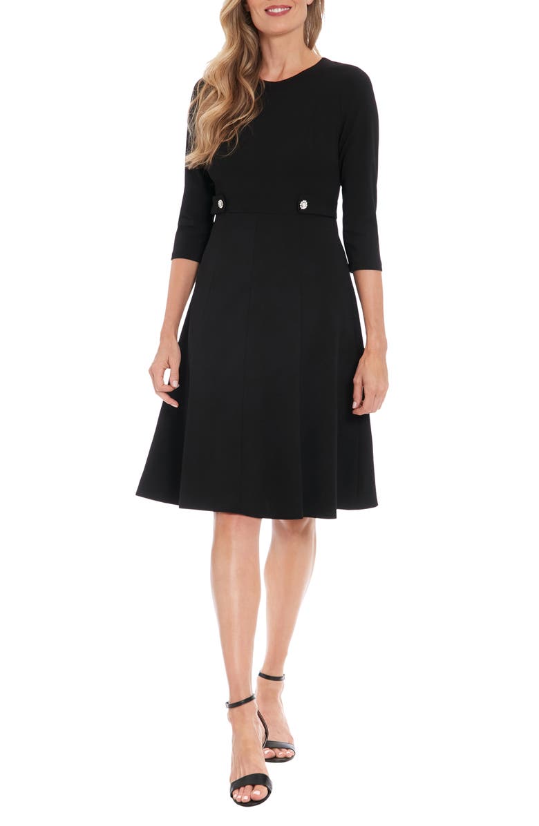 London Times Three-Quarter Sleeve Scuba Crepe Midi Dress, Main, color, Black