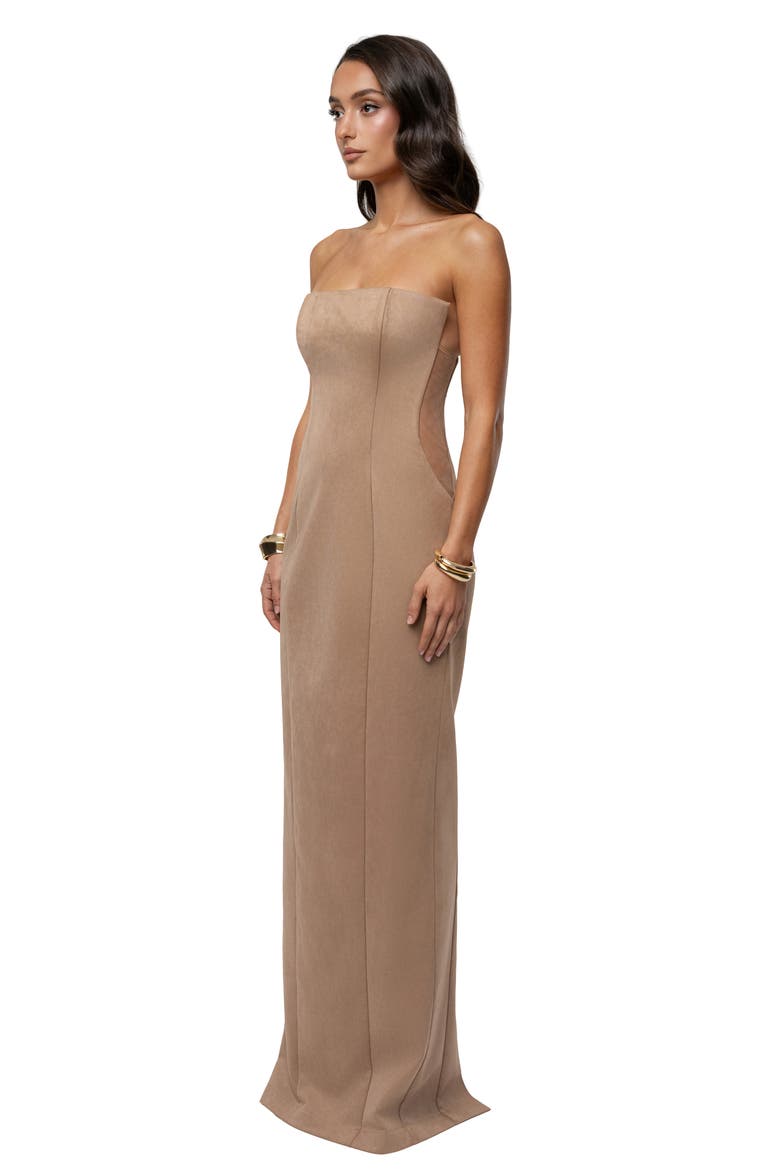 Madioson Sheer Inset Faux Suede Column Gown, Alternate, color, BEIGE