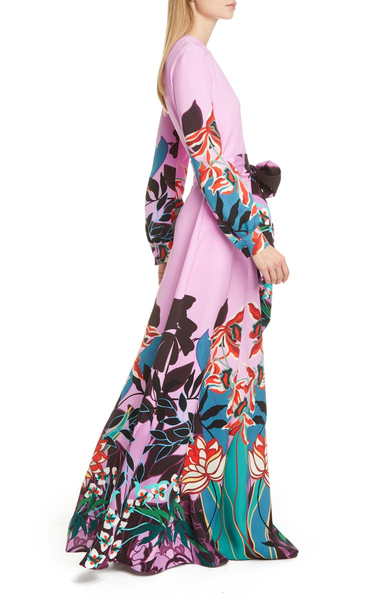 Valentino Orchid Print Long Sleeve Wide Leg Silk Cady Jumpsuit, Alternate, color, 