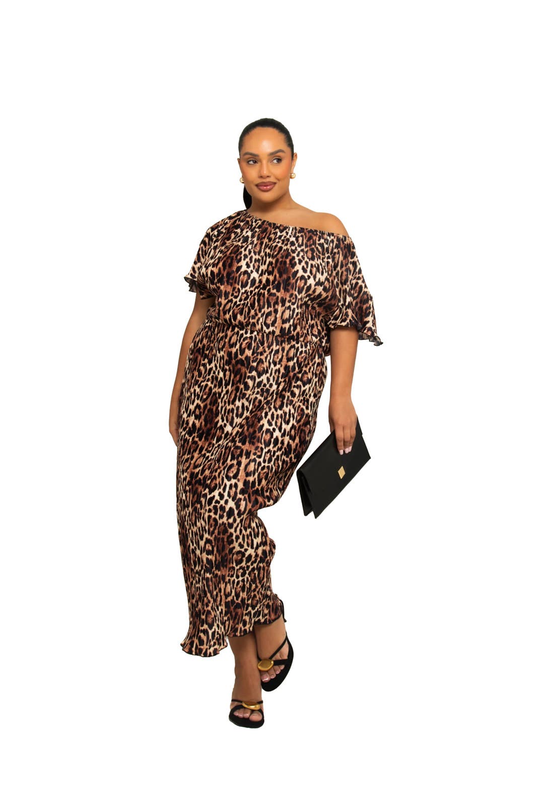 FASHION-SZN CURVE Bold Leopard Plisse Midi Dress in Brown 