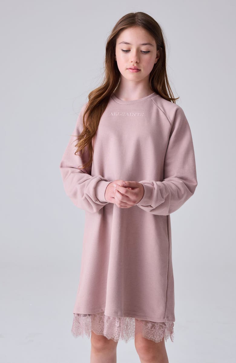 smALLSAINTS by ALLSAINTS Kids' Lee Lace Trim Long Sleeve Sweatshirt Dress, Alternate, color, Pink