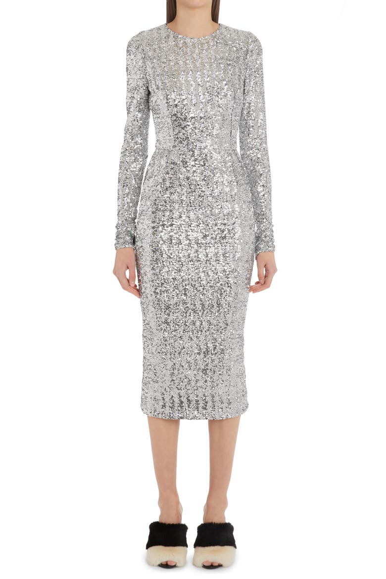 Long Sleeve Sequin Midi Dress, Main, color, S0998 ARGENTO