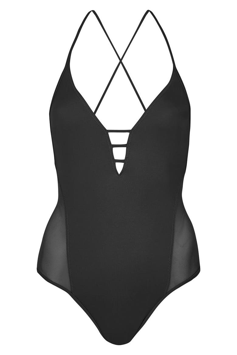 Strap Mesh One-Piece Swimsuit, Alternate, color, BLACK