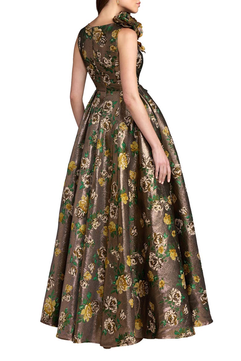 Sleeveless Brocade Ballgown With 3D Flower, Alternate, color, Gold