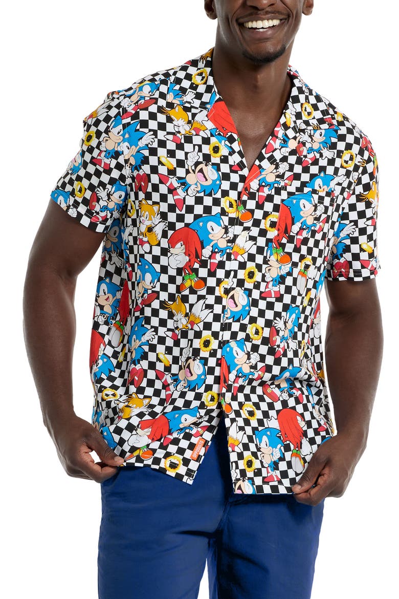 Relaxed Fit Sonic the Hedgehog® Print Camp Shirt, Main, color, WHITE CHECK MULTI