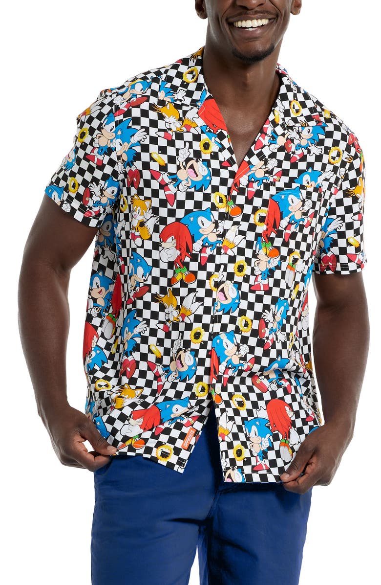 OppoSuits Relaxed Fit Sonic the Hedgehog<sup>®</sup> Print Camp Shirt, Main, color, White Check Multi