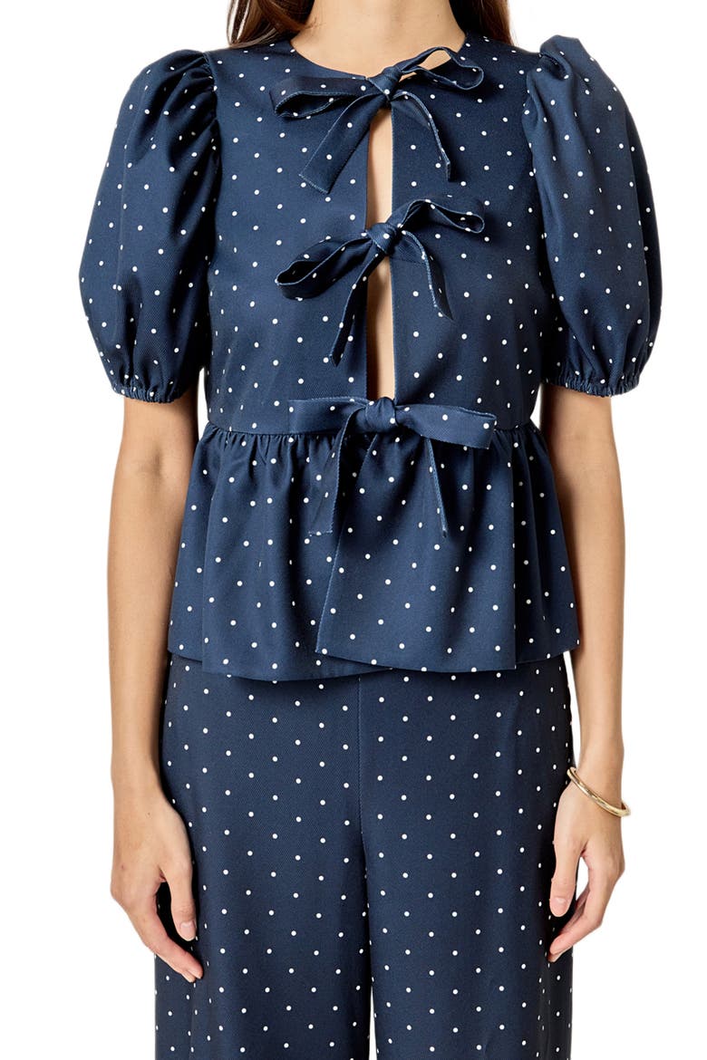 Dot Tie Front Puff Sleeve Top, Alternate, color, NAVY