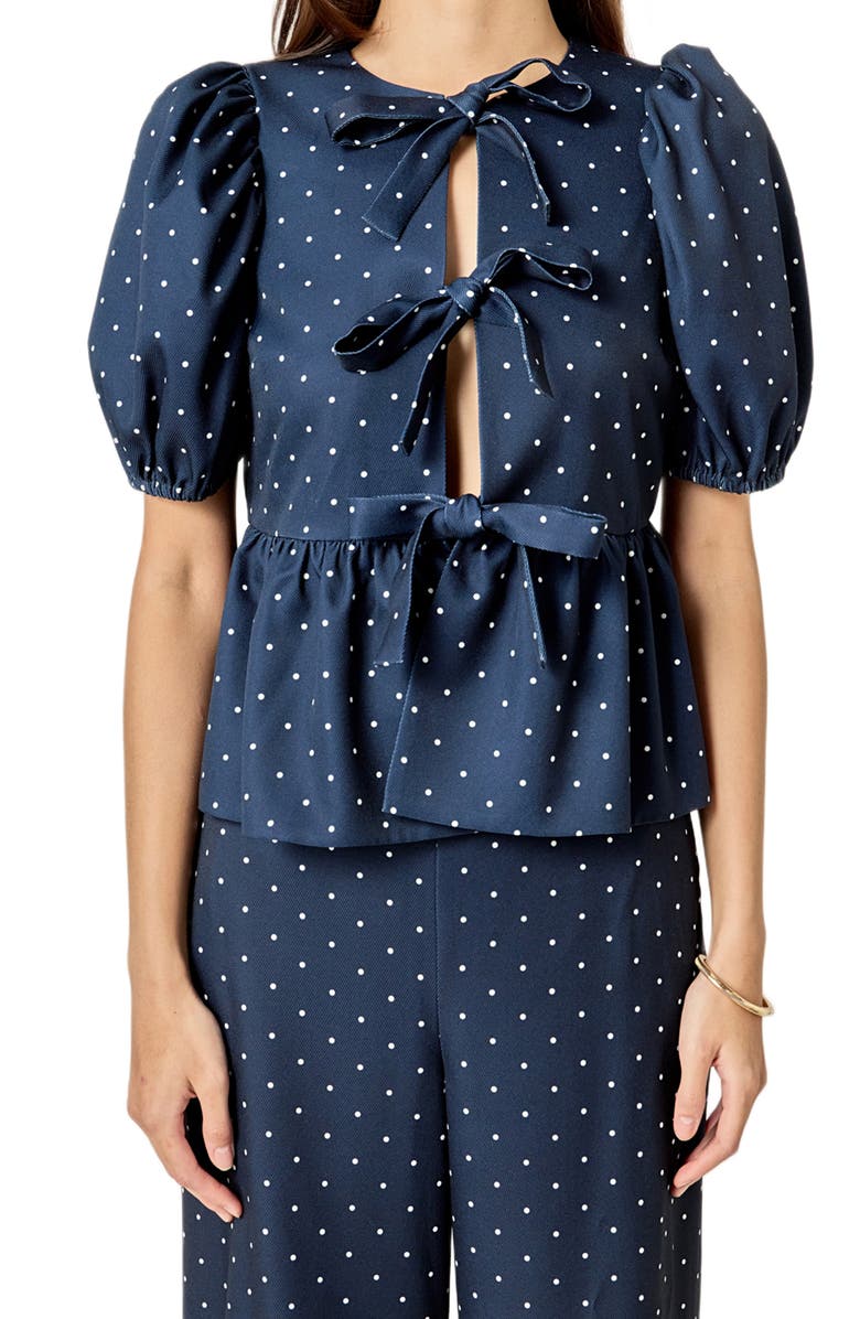 English Factory Dot Tie Front Puff Sleeve Top, Alternate, color, Navy
