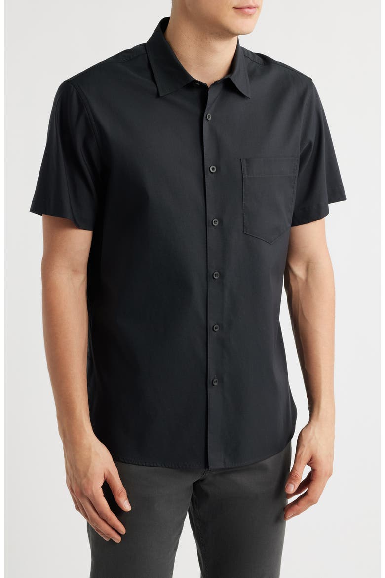 Solid Short Sleeve Stretch Button-Up Shirt, Main, color, BLACK