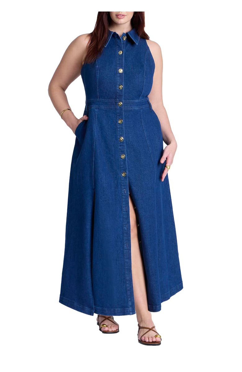 ELOQUII Sleeveless Denim Midi Dress, Main, color, Medium Wash