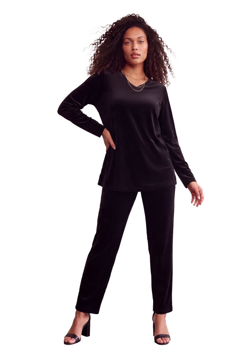 Plus Size Two Piece V Neck Velour Set, Main, color, BLACK
