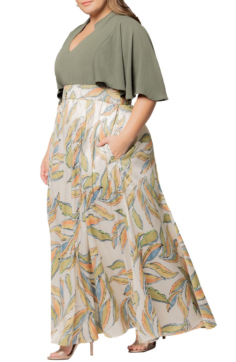 Kiyonna Avisa Flutter Sleeve Maxi Dress, Alternate, color, Artful Leaves