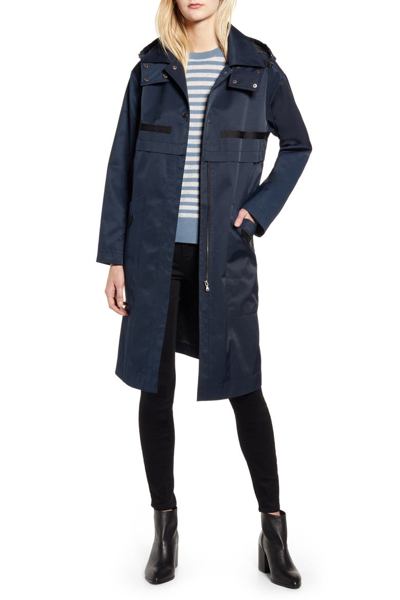 Long Hooded Raincoat, Main, color, DARK NAVY