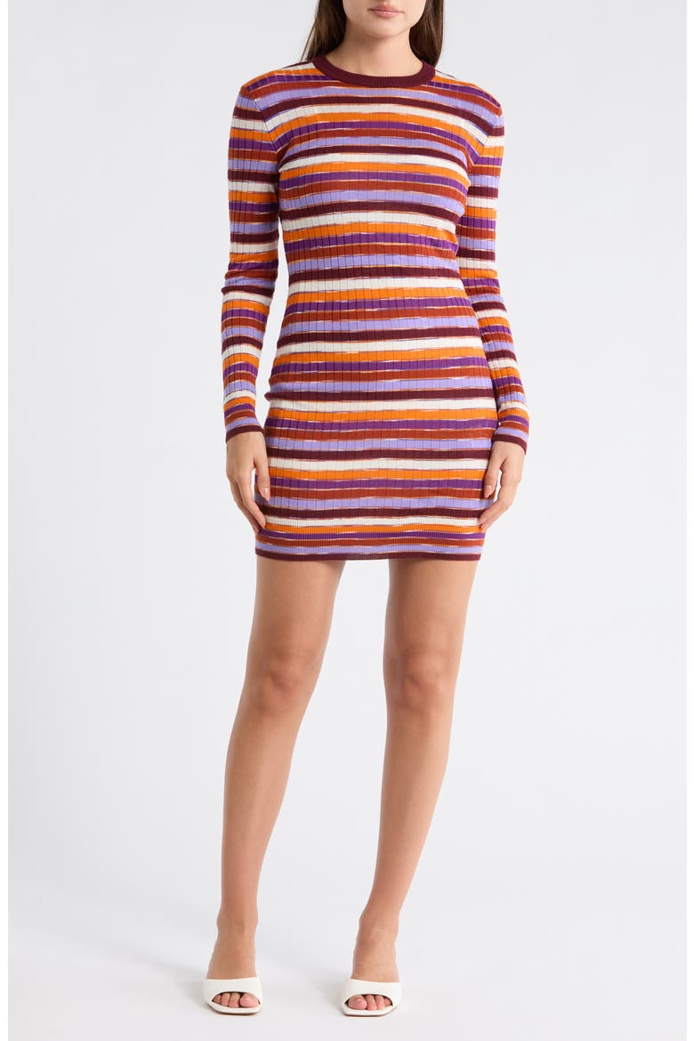Stripe Long Sleeve Rib Knit Minidress, Main, color, ORANGE/ PINK/ BROWN/ WHITE