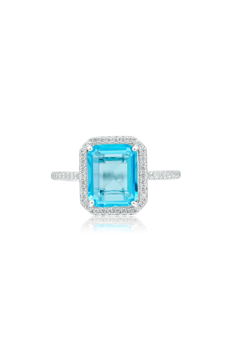 Emerald-Cut Cubic Zirconia Halo Ring, Alternate, color, BLUE