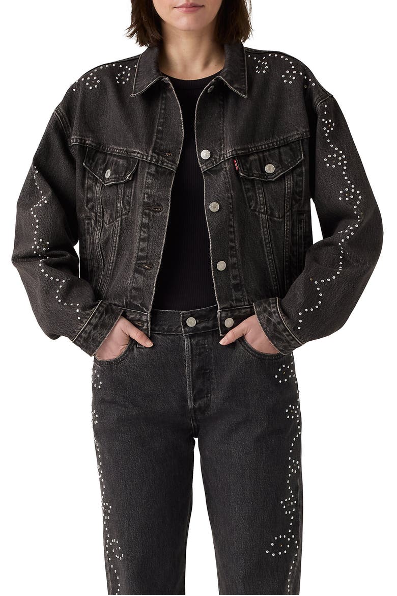 Shrunken '90s Beaded Denim Trucker Jacket, Main, color, BEJEWELED TRUCKER