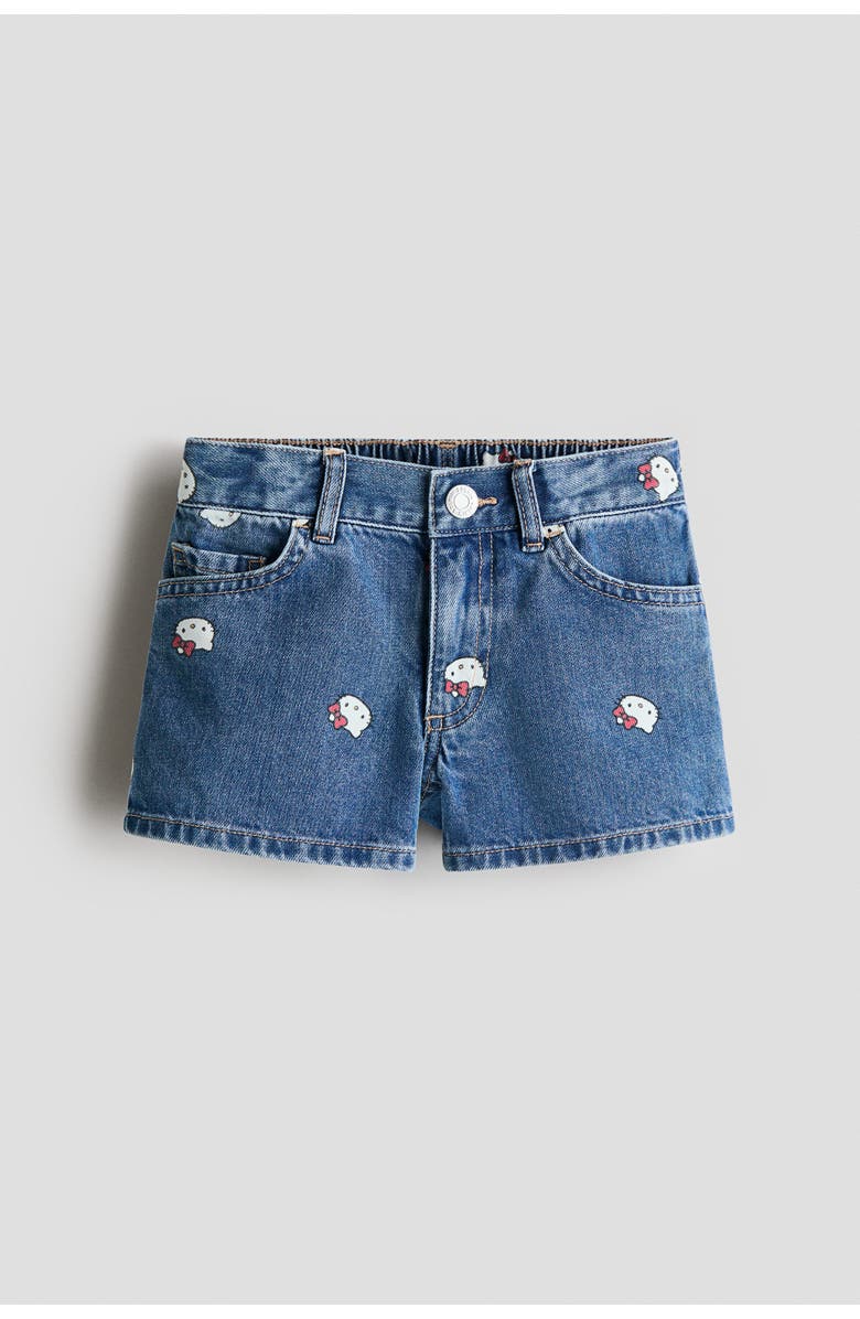H&M Printed Denim Shorts, Main, color, Denim Blue/Hello Kitty