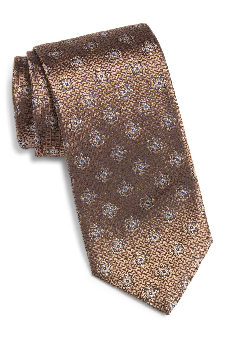 Medallion Silk Tie, Main, color, LIGHT BROWN