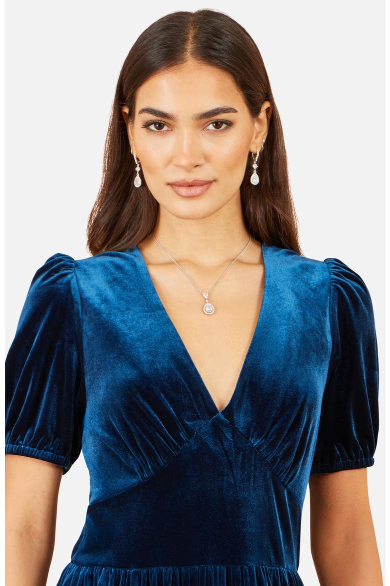 Puff Sleeve V-Neck Velvet Midi Dress, Alternate, color, Teal