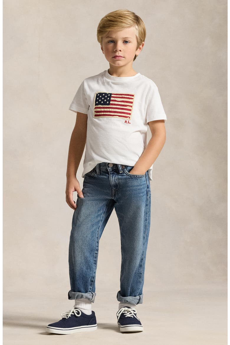 Kids' American Flag Appliqué Cotton T-Shirt, Alternate, color, WHITE