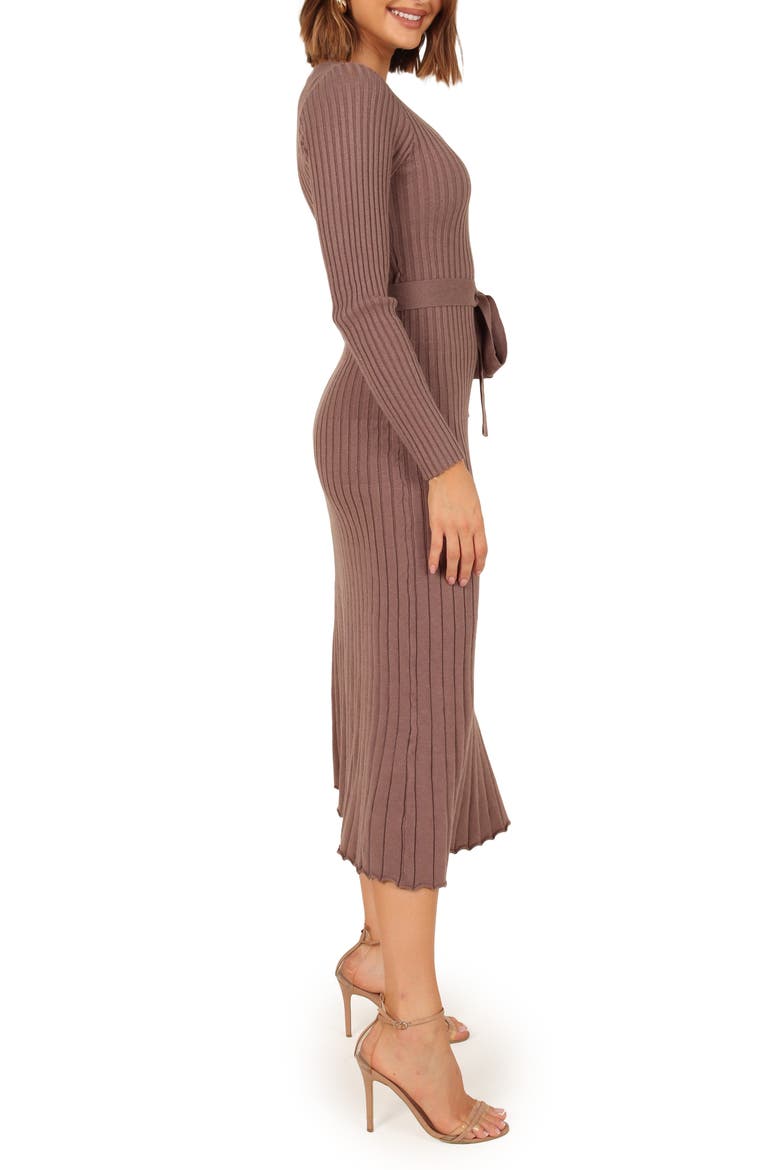 Reigan Tie Waist Long Sleeve Rib Midi Dress, Alternate, color, MOCHA