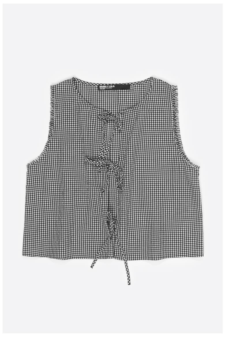 Checked Top With Bows And Frayed Details, Main, color, BLACK