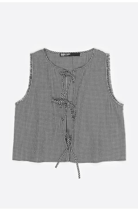 Checked Top With Bows And Frayed Details