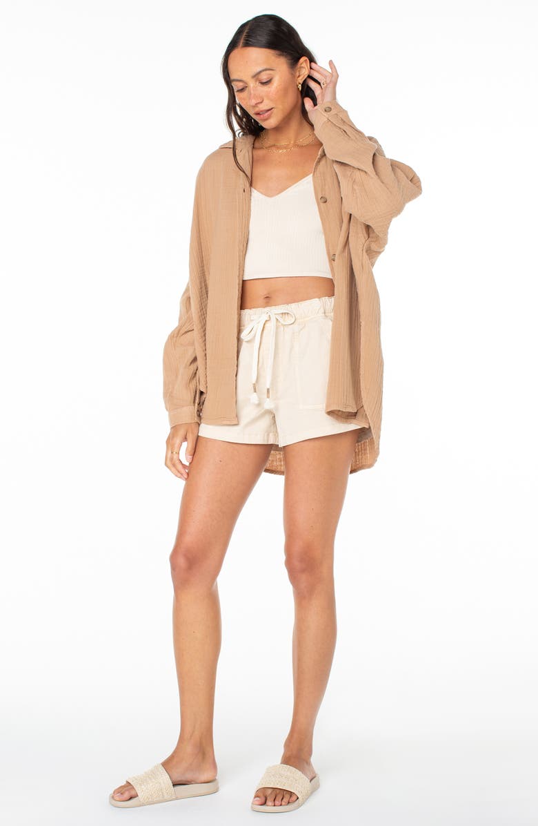 Roxy Morning Time Cotton Gauze Button-Up Shirt, Alternate, color, Praline Solid Stamp