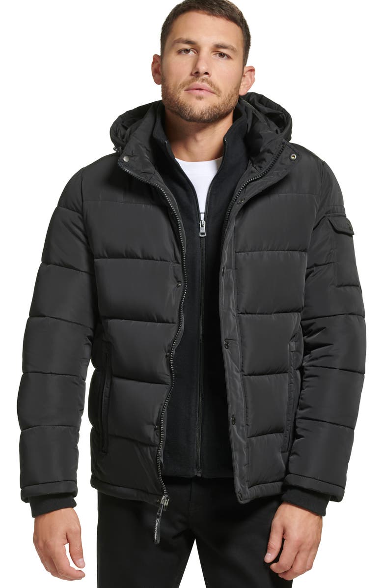Calvin Klein Water Resistant Fleece Bib Hooded Puffer Jacket, Alternate, color, 