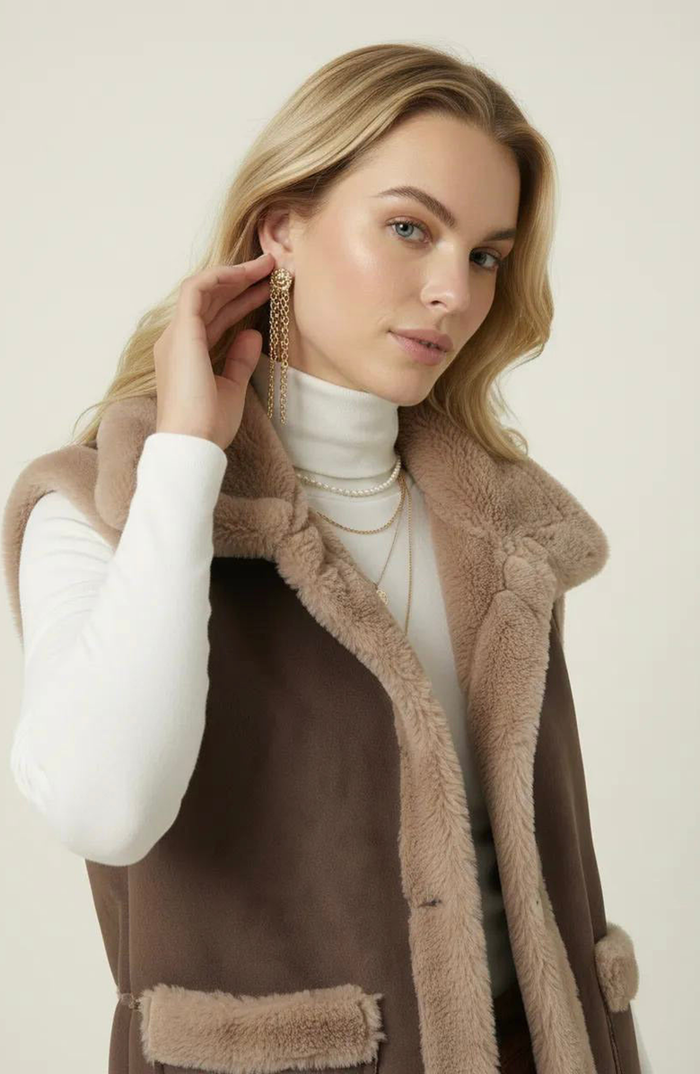 Modenaire Faux Shearling Trim Vest, Alternate, color, Faux Shearling