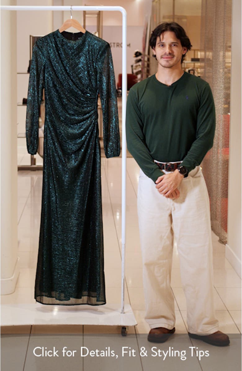 Metallic Crinkle Ruched Long Sleeve Trumpet Gown, sales video thumbnail