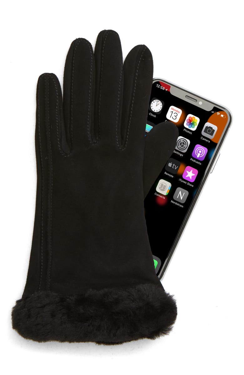 UGG<sup>®</sup> Genuine Shearling Trim Suede Tech Gloves, Alternate, color,