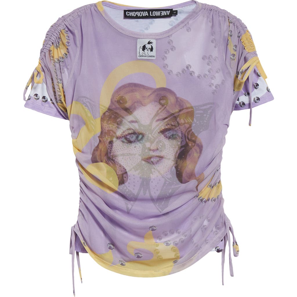 Chopova Lowena Ballast Short Sleeve Jersey & Mesh Top In Purple And Yellow