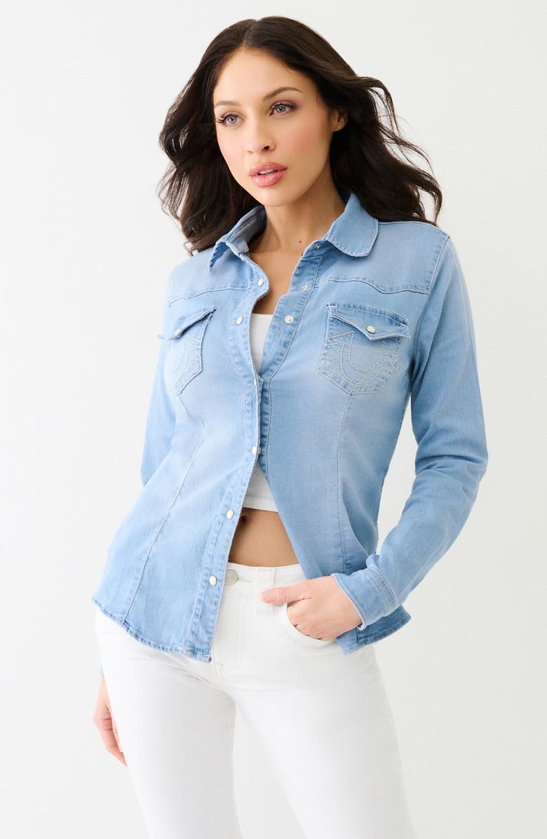 True Religion Western Long Sleeve Denim Shirt, Alternate, color, Light Blue Wash