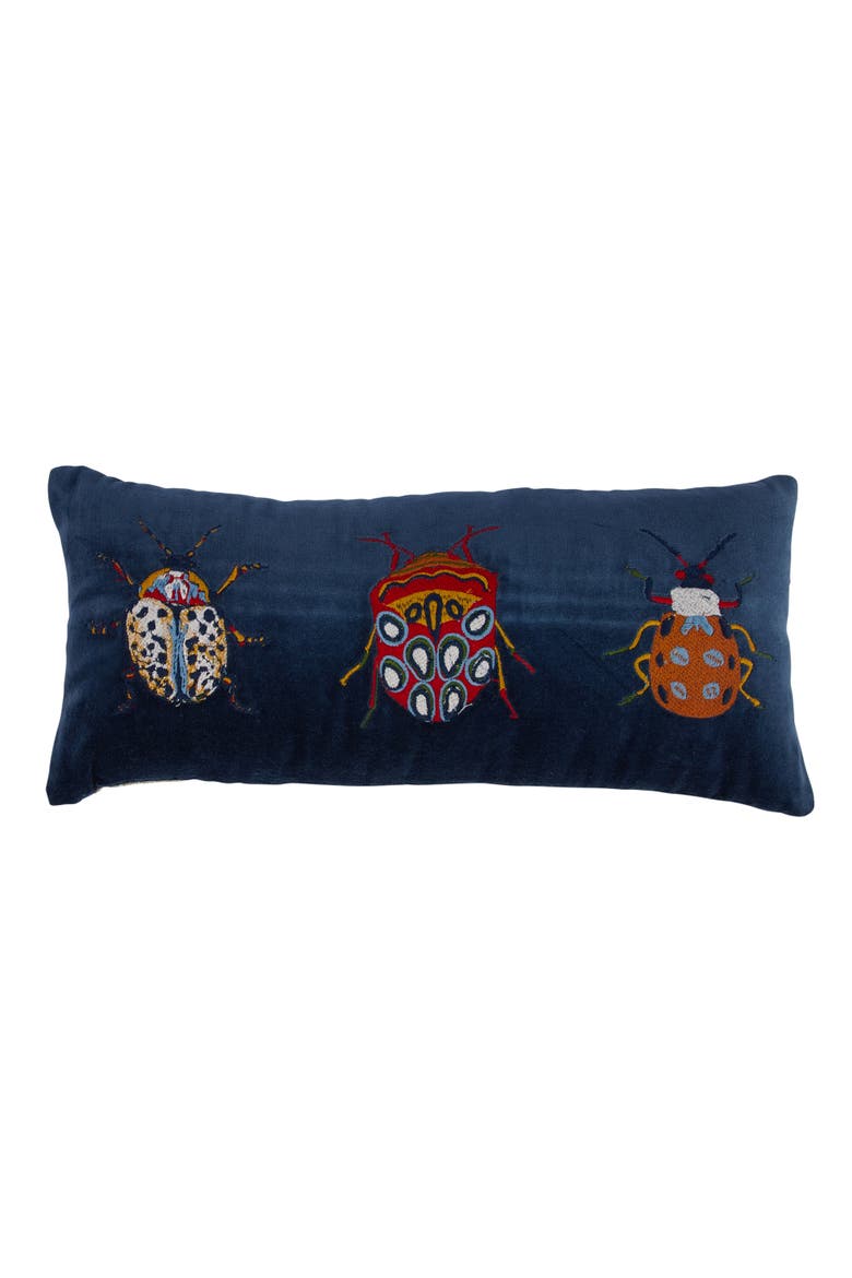 Cotton Velvet Embroidered Lumbar Pillow with Beetles and Chambray Back, Multicolor, Main, color, Blue