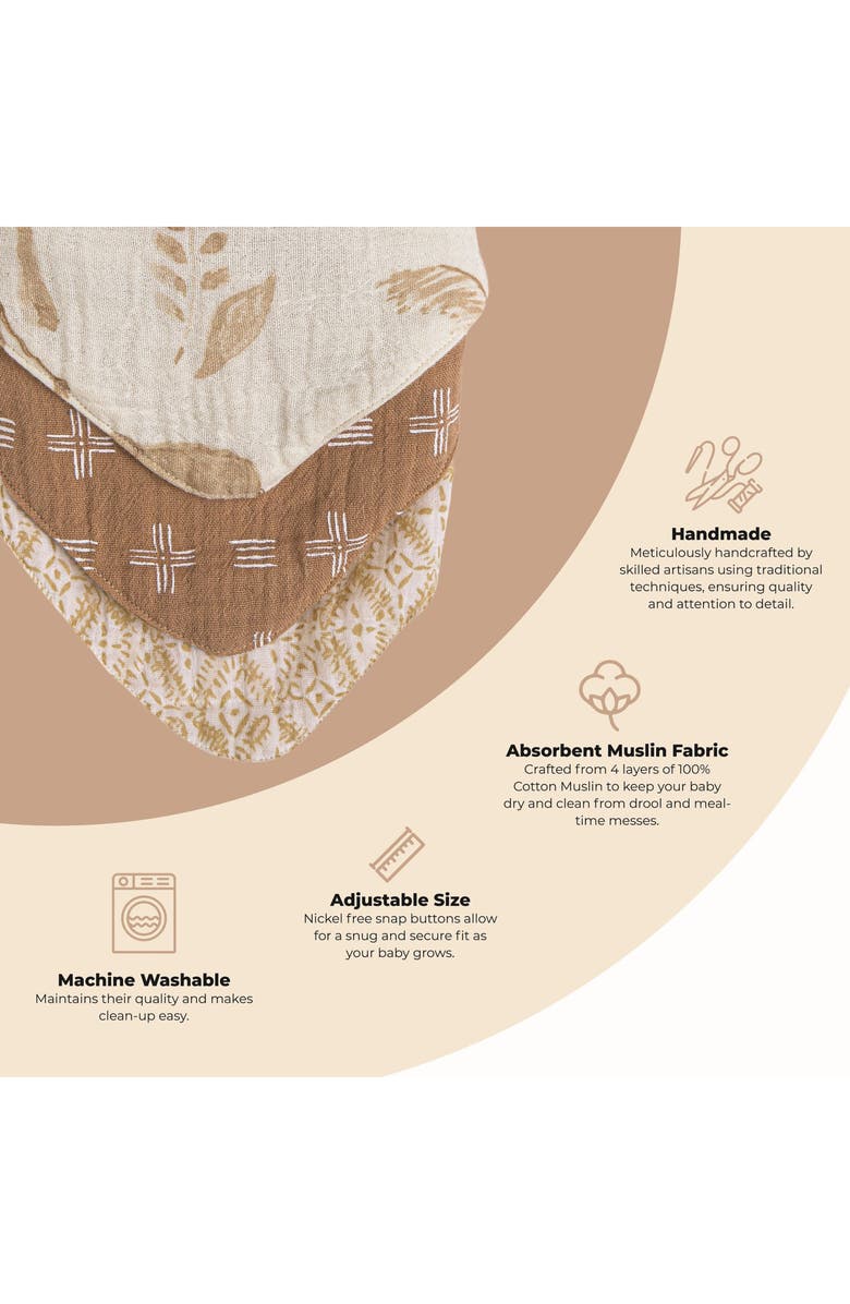 CRANE BABY 3-Pack Cotton Muslin Bandana Baby Bibs, Alternate, color, Beige Multi