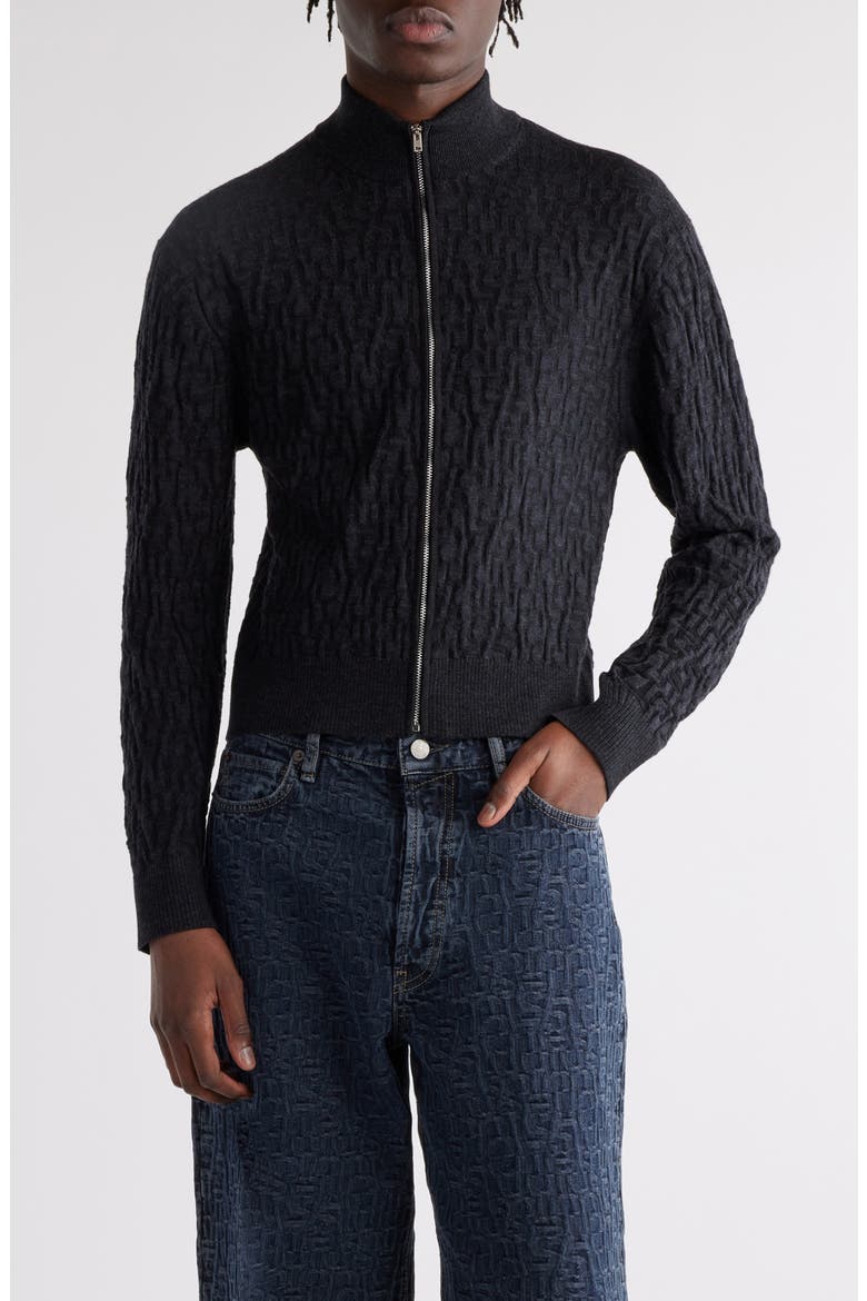 Debossed Zip-Up Wool Cardigan, Main, color, BLACK/ GREY