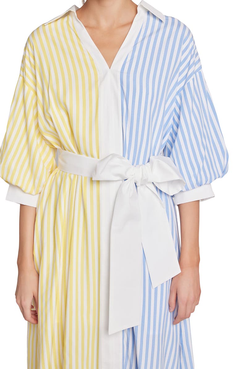 English Factory Blouson Sleeve Tie Waist Midi Shirtdress, Alternate, color, Blue/ Yellow