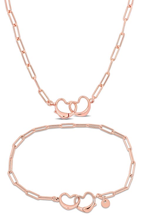Double Heart Paper Clip Link Chain Necklace & Bracelet Set